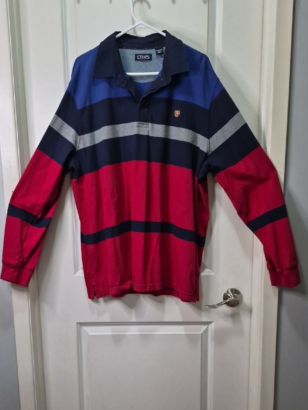 Chaps Striped Rugby Polo in Red, Navy & Gray